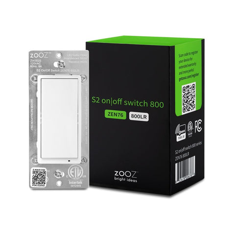 Zooz 800LR switch front view shows compact depth for easier in-wall installation.