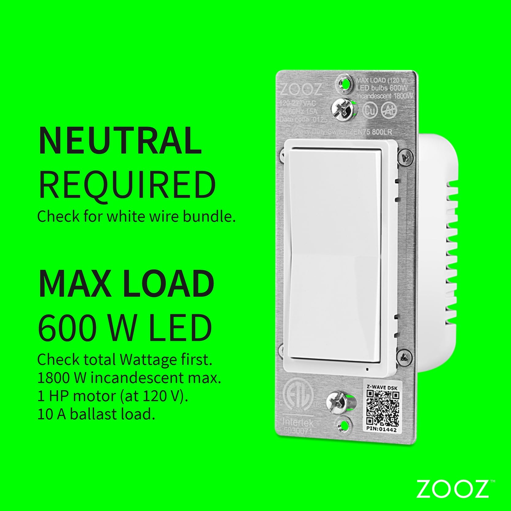 Zooz 800LR wiring close-up showing convenient pigtails for installation.