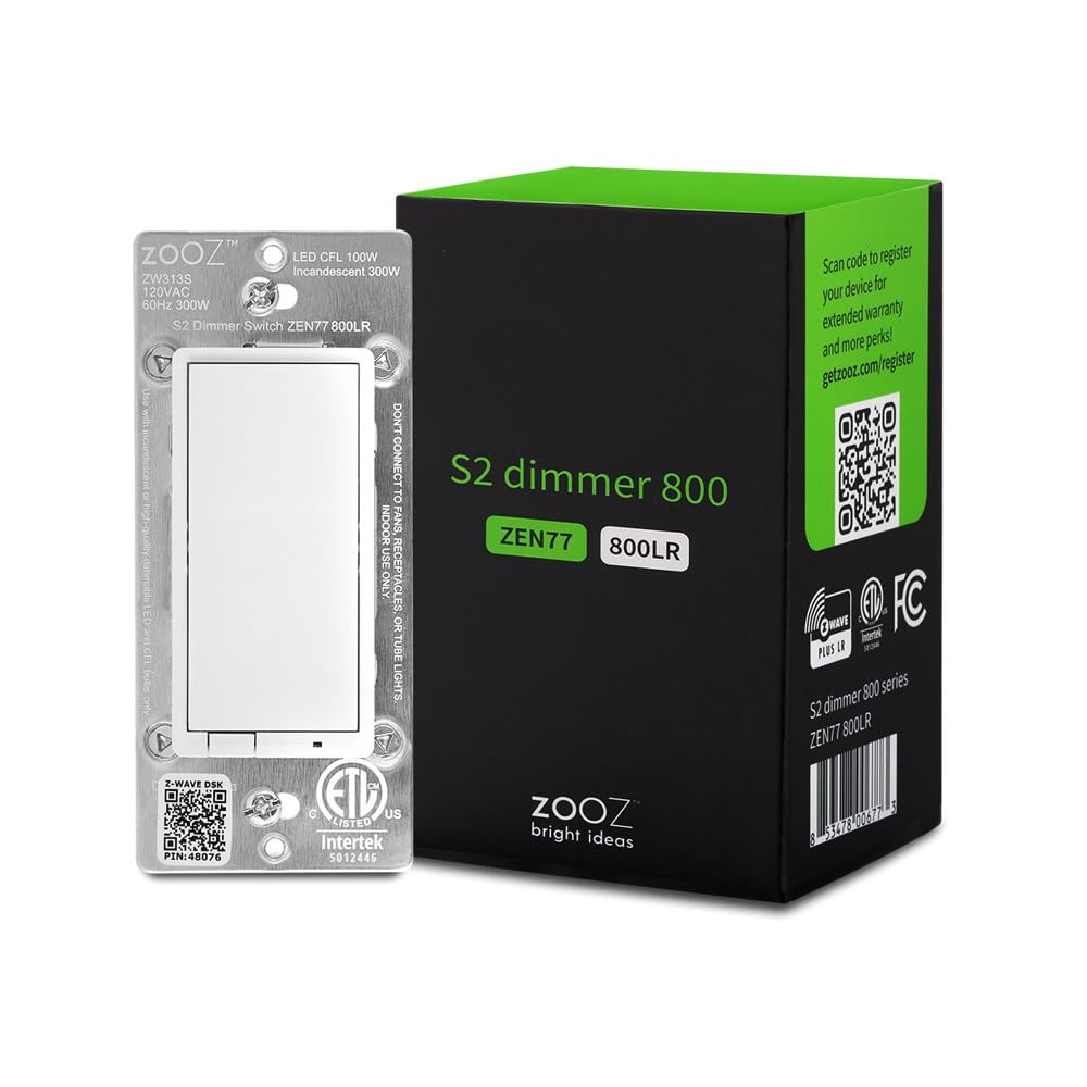 Zooz ZEN77 800LR dimmer front view showing sleek white switch and layout for LED control