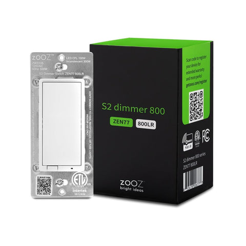 Zooz ZEN77 800LR dimmer front view showing sleek white switch and layout for LED control