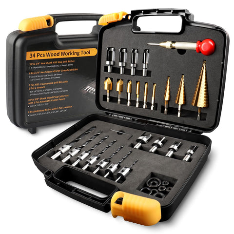 ZORUNNA 34-pcs woodworking chamfer drilling tools neatly organized in a protective case