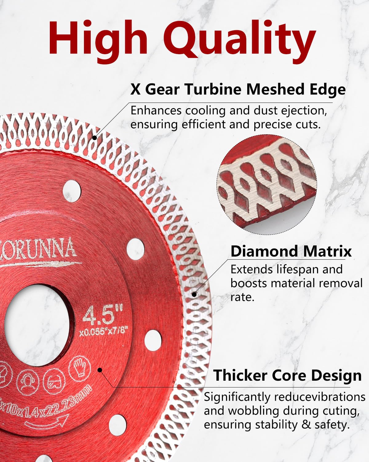 ZORUNNA blade on an angle grinder delivering smooth porcelain and ceramic cuts.