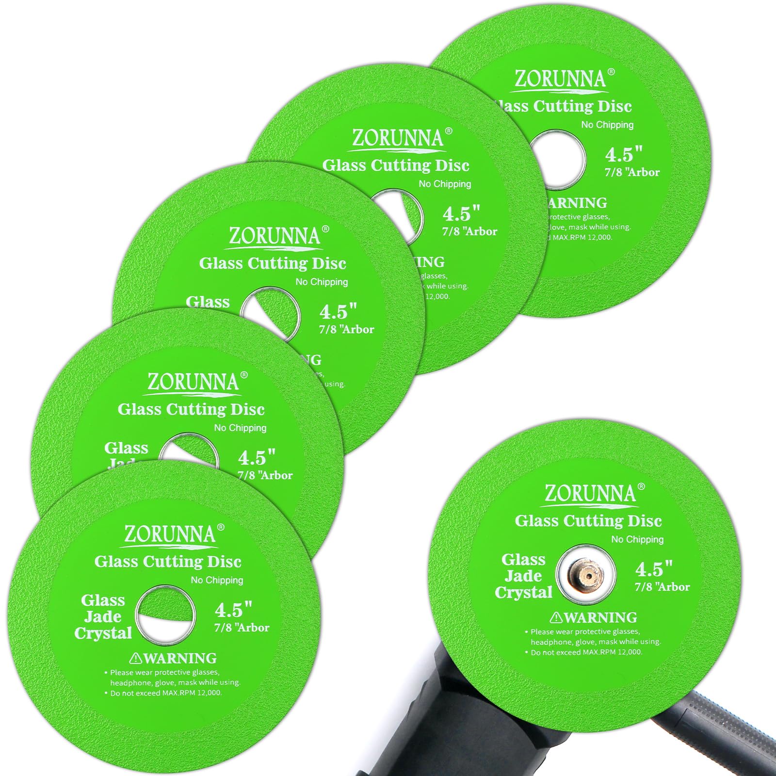 ZORUNNA glass cutting disc mounted on a 4-1/2-inch grinder for precise cuts.