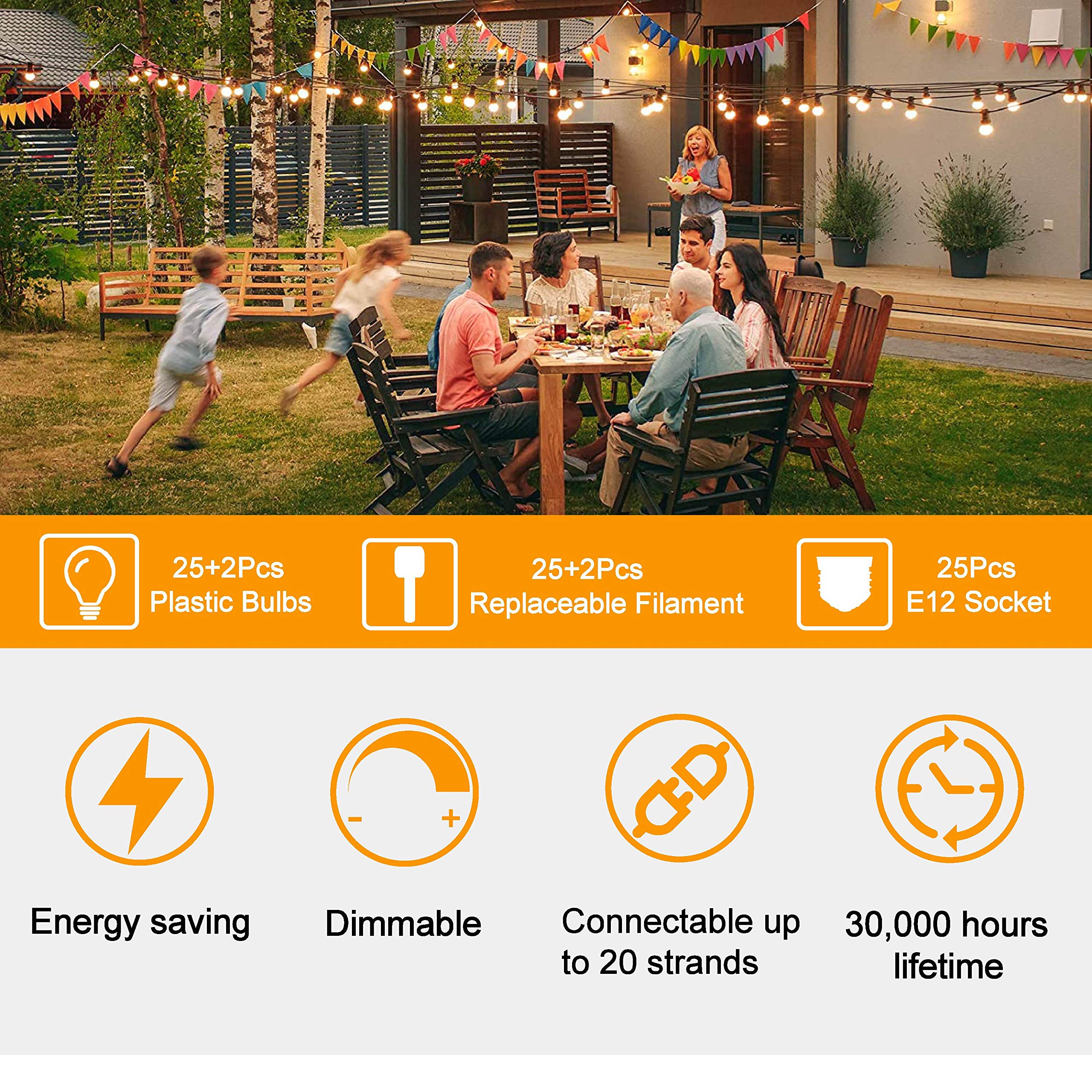 ZOTOYI lights over cafe seating areas, adding warm glow to outdoor dining.