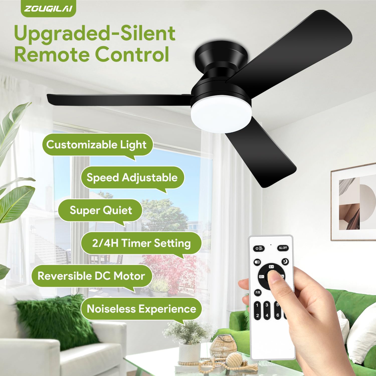 ZOUQILAI flush mount ceiling fan blends with modern interiors and saves ceiling space.