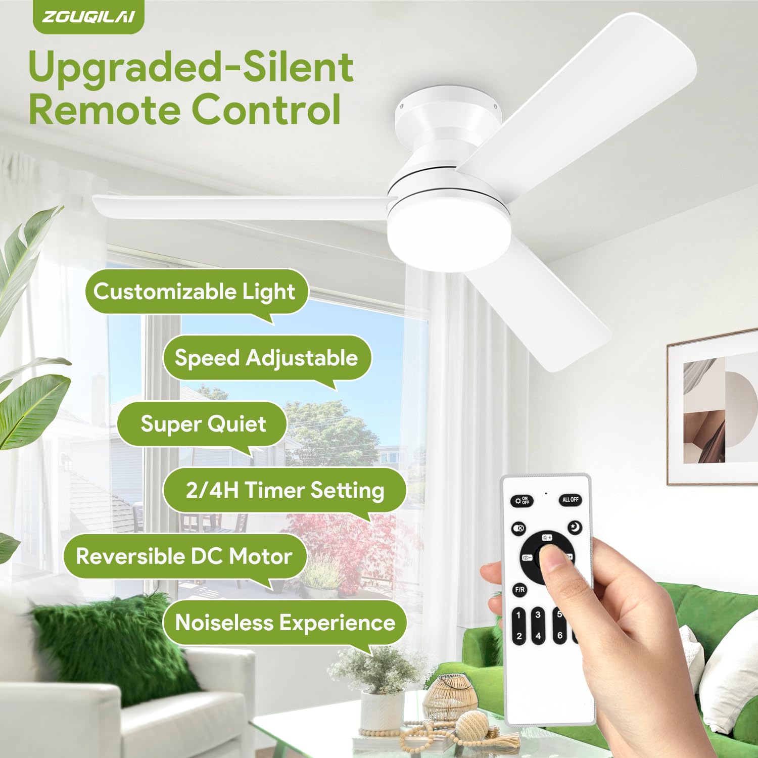 ZOUQILAI remote control provides six speeds and convenient adjustments.