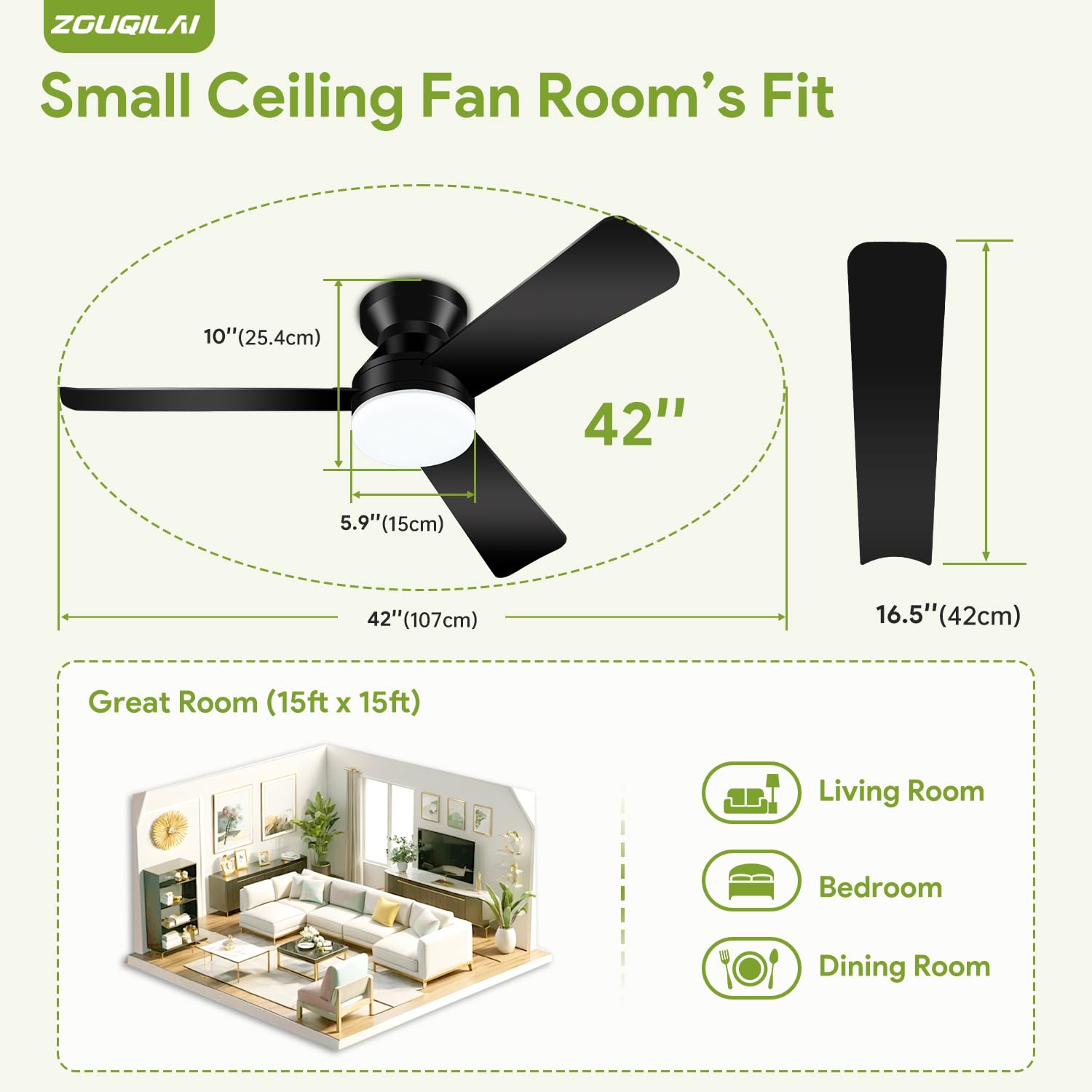 ZOUQILAI six-speed remote control for precise airflow adjustments.