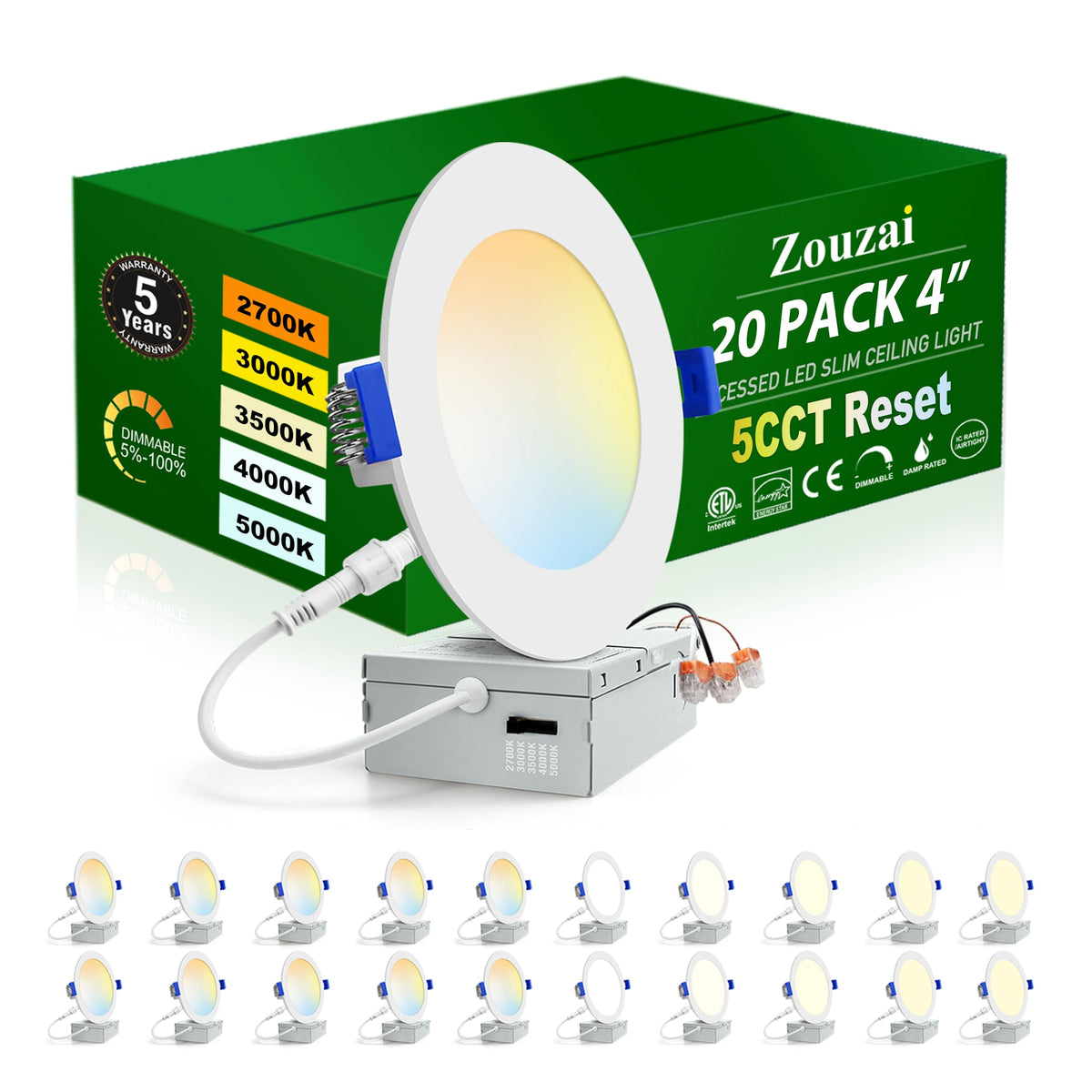 Zouzai 20-pack 4-inch LED recessed light with junction box, ready for quick installation.