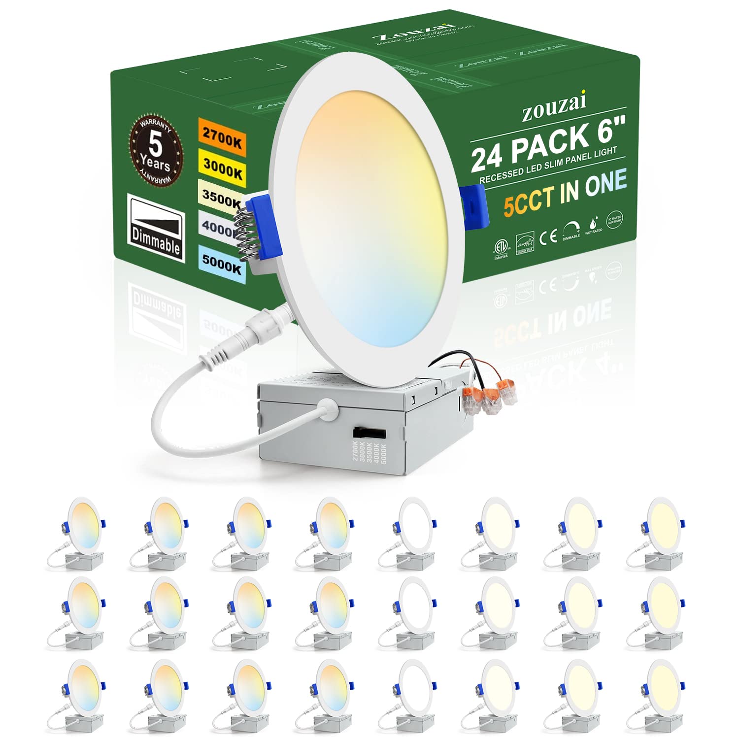 Zouzai 24-pack 6-inch LED recessed light with junction box for clean ceiling installations
