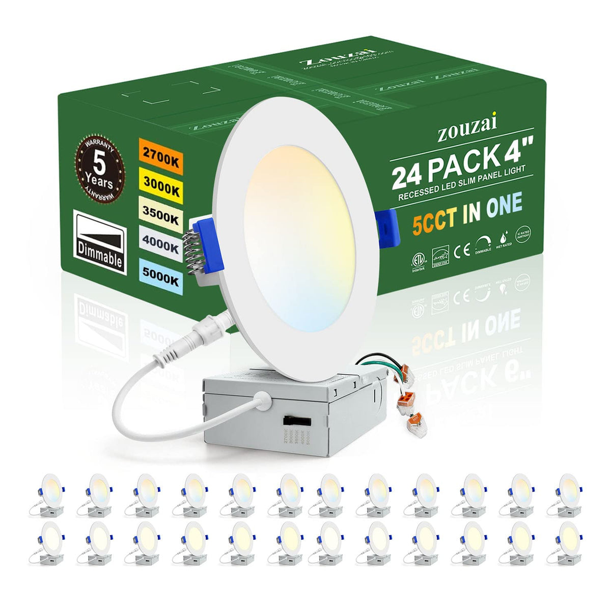 Zouzai 24-pack 4-inch ultra-thin LED downlight with junction box for quick ceiling retrofit.