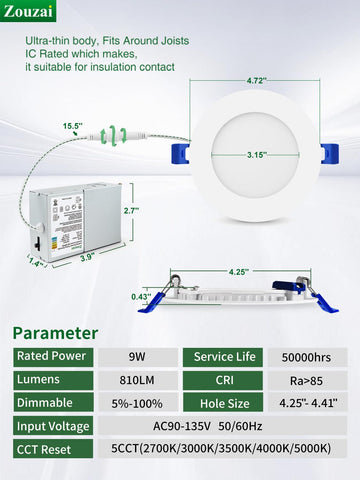 Zouzai damp-rated LED downlight suitable for indoor spaces and covered exteriors.