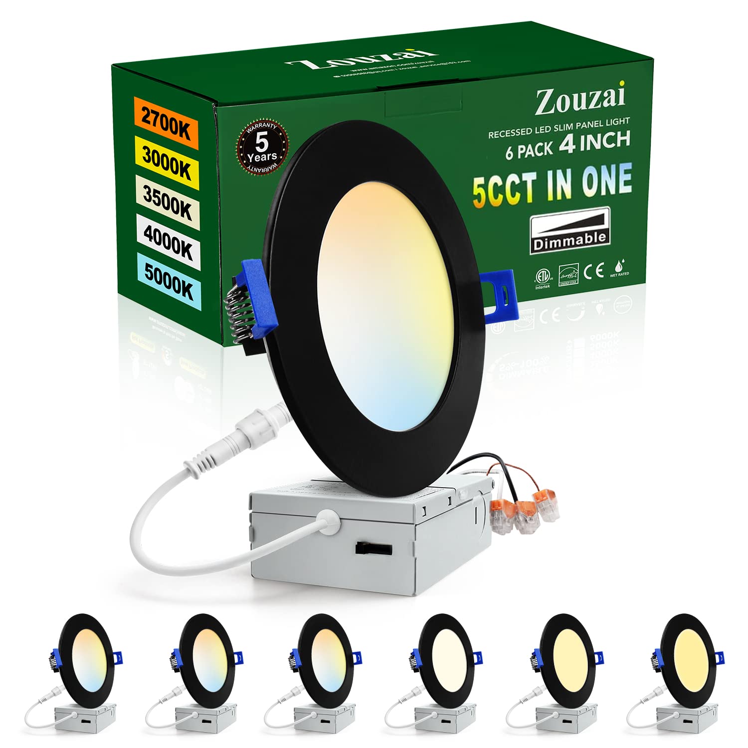 Zouzai four inch black 5CCT LED recessed light for versatile living space lighting