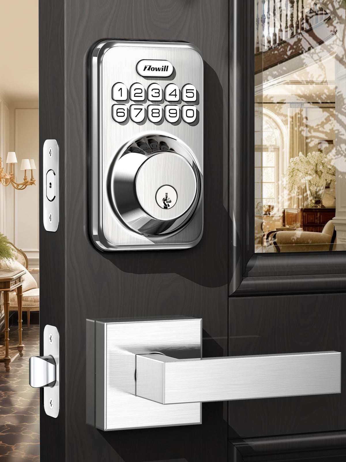 Zowill keyless entry lock with satin-nickel finish for secure front door access.