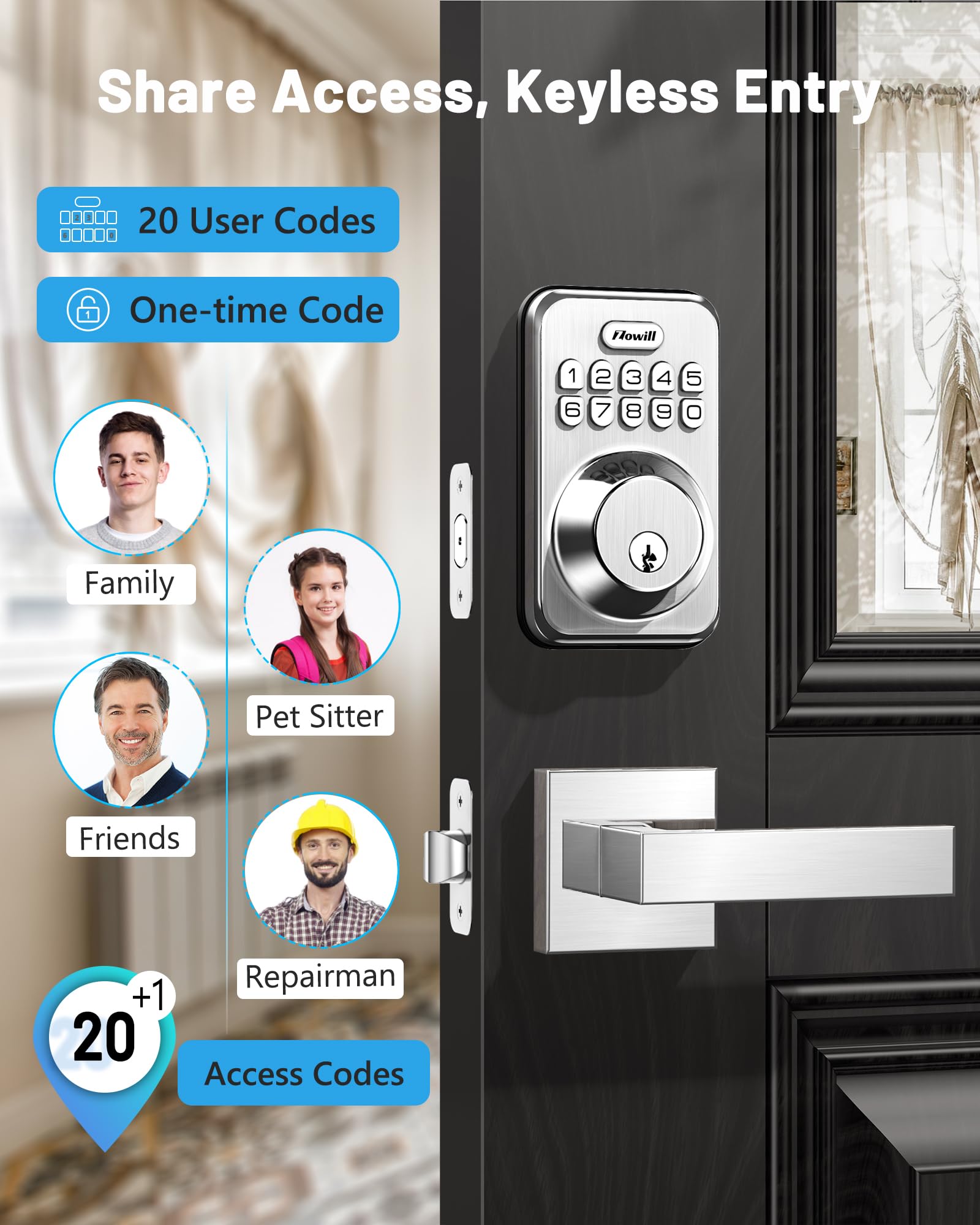 Zowill keypad deadbolt with backlit display for easy entry at night.