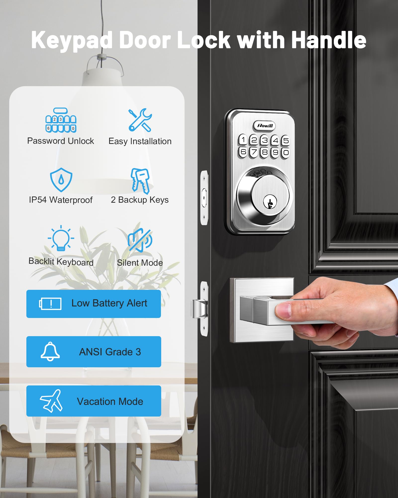 Zowill weatherproof IP54 lock withstands rain and shine for daily durability.