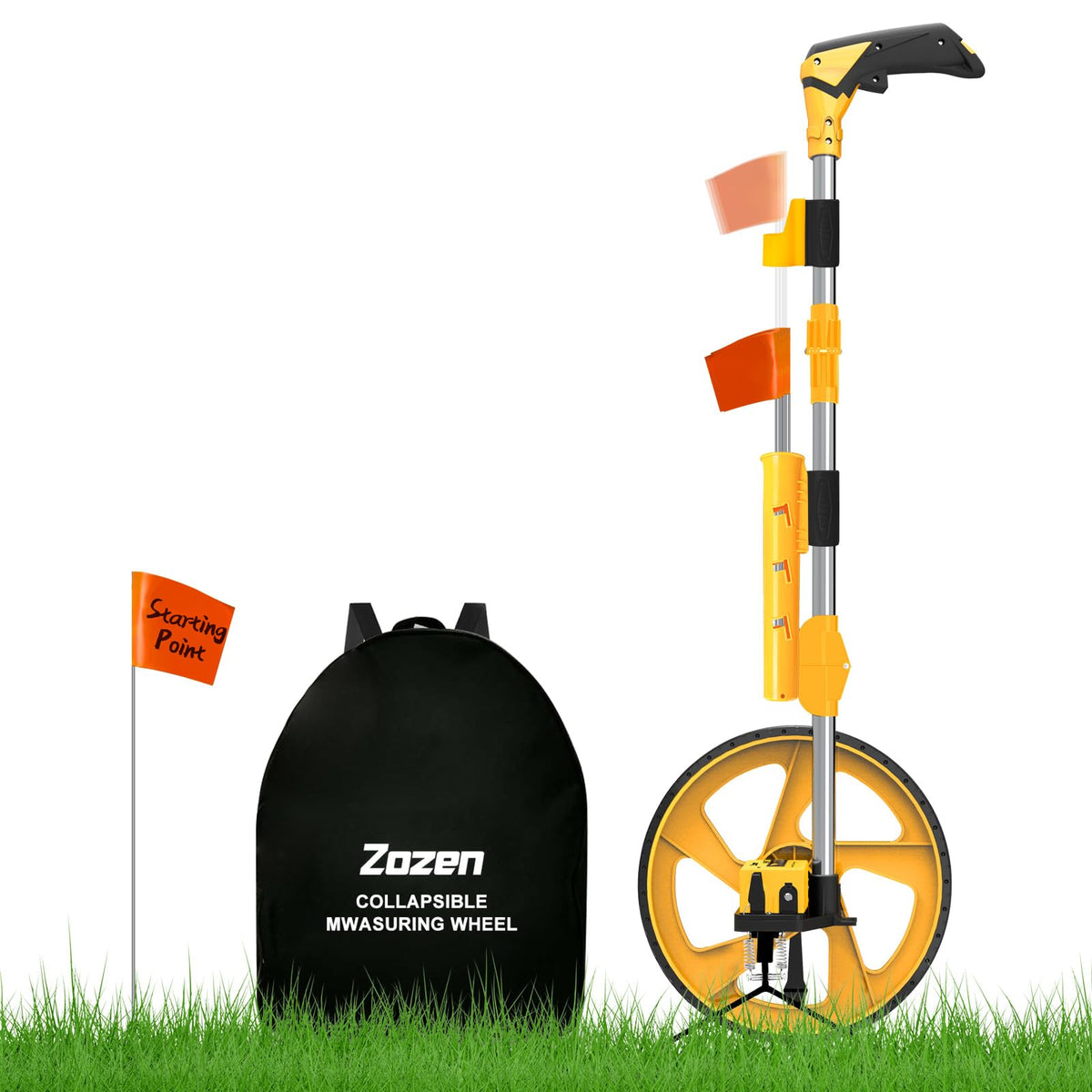 Zozen distance measuring wheel folded and tucked into the included backpack.