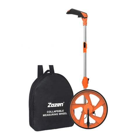 Zozen distance measuring wheel folded compactly in a backpack, ready to transport.
