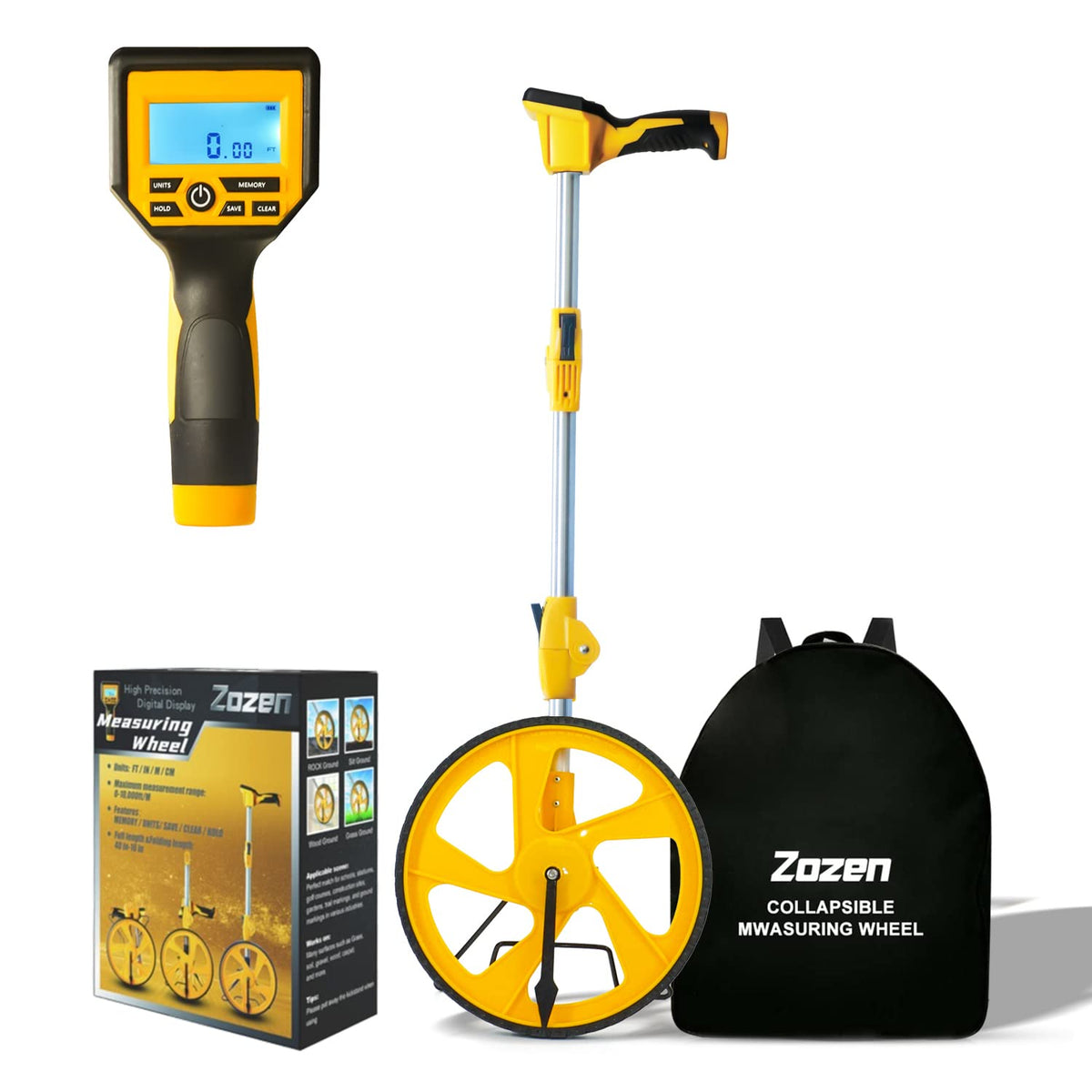 Zozen measuring wheel front view with backlit display for accurate distance reading.