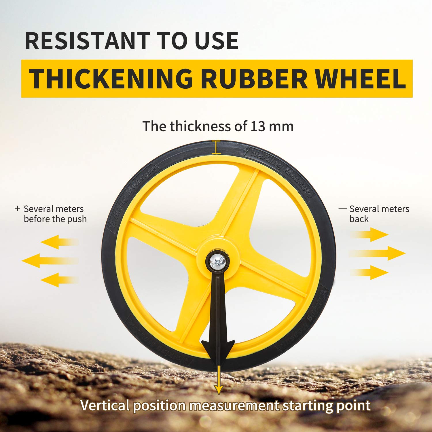 Durable rubber wheel on Zozen measuring wheel handles grass, concrete, and gravel