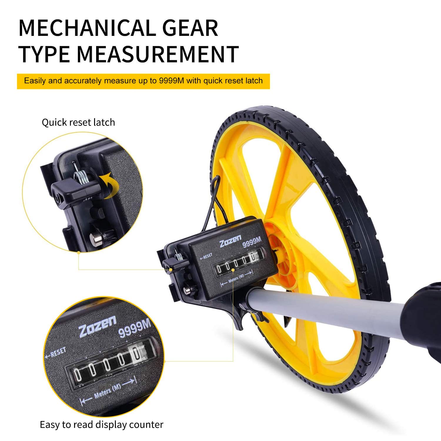 Zozen measuring wheel extended length demonstrates long-range measurement capability.