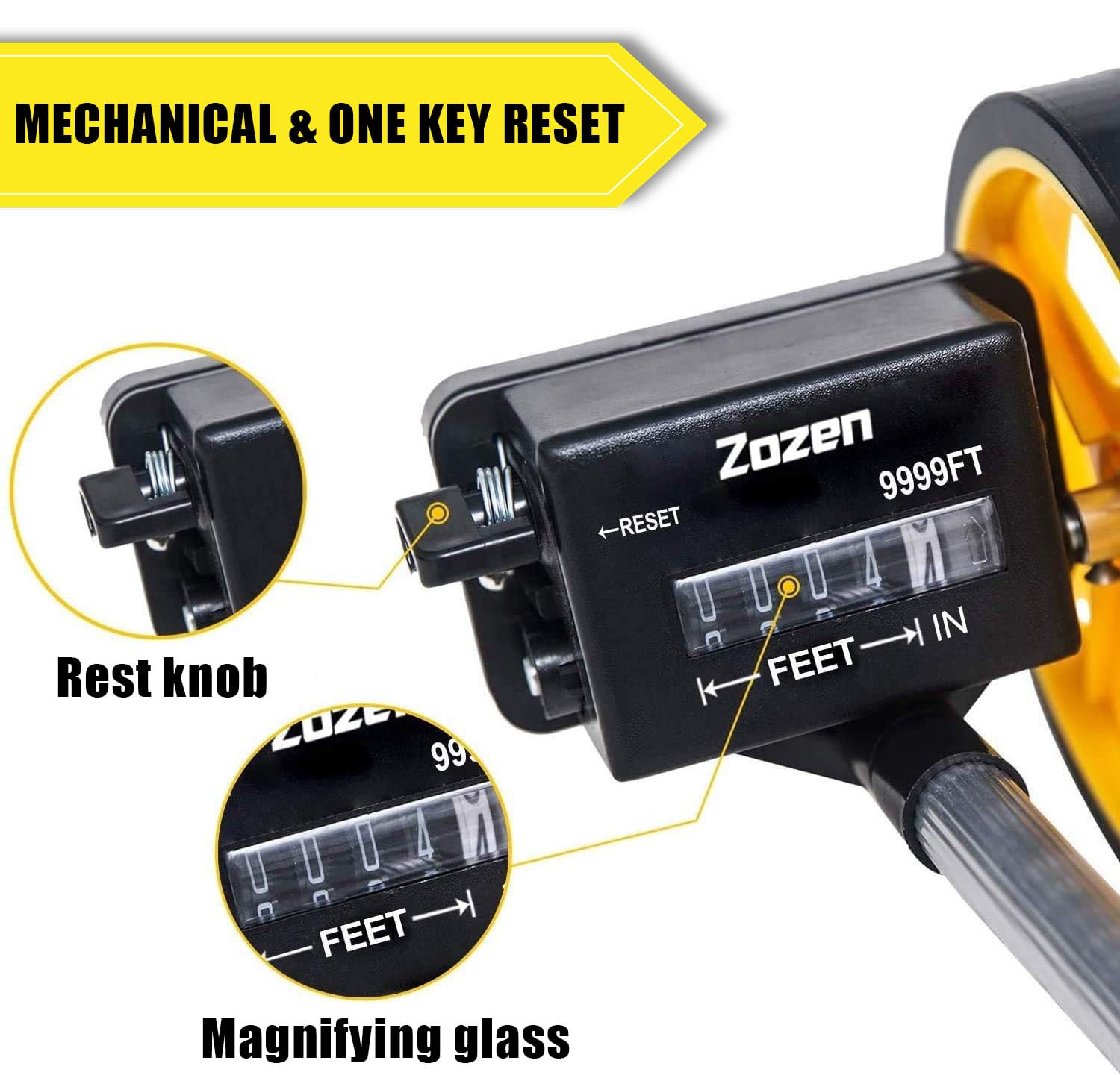 Zozen measuring wheel wheel-head detail highlights precise gear and reading system.