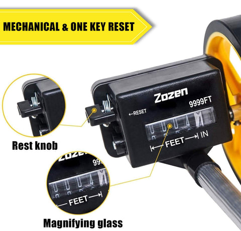 Zozen measuring wheel wheel-head detail highlights precise gear and reading system.