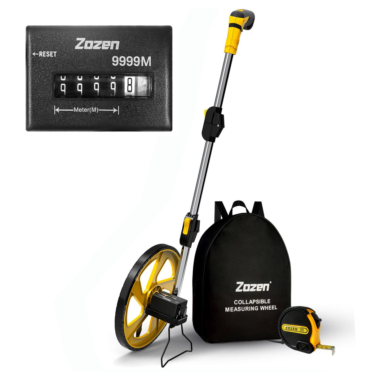 Zozen measuring wheel in meters for precise surveying distances.