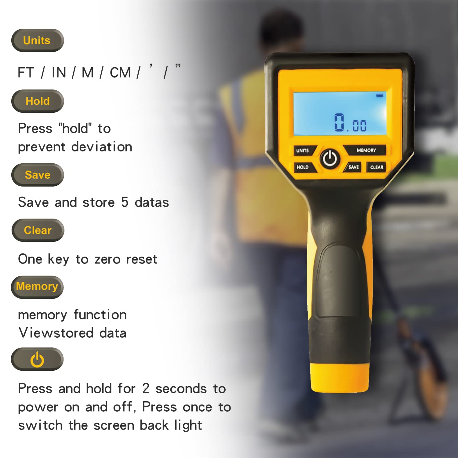 Zozen measuring wheel switches between metric and imperial units for accuracy