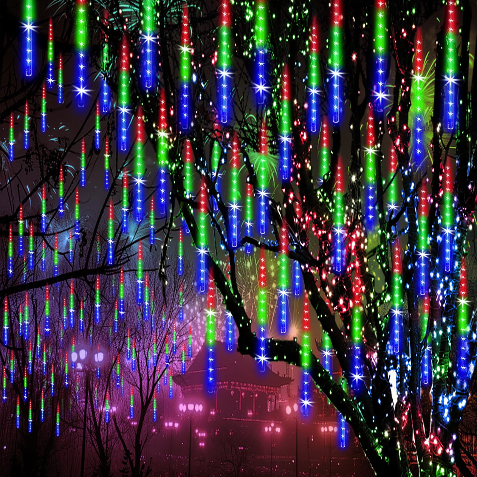ZPQBEYE meteor shower lights illuminate outdoor trees with a celestial glow