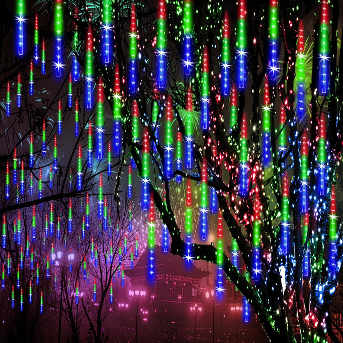 ZPQBEYE meteor shower lights illuminate outdoor trees with a celestial glow