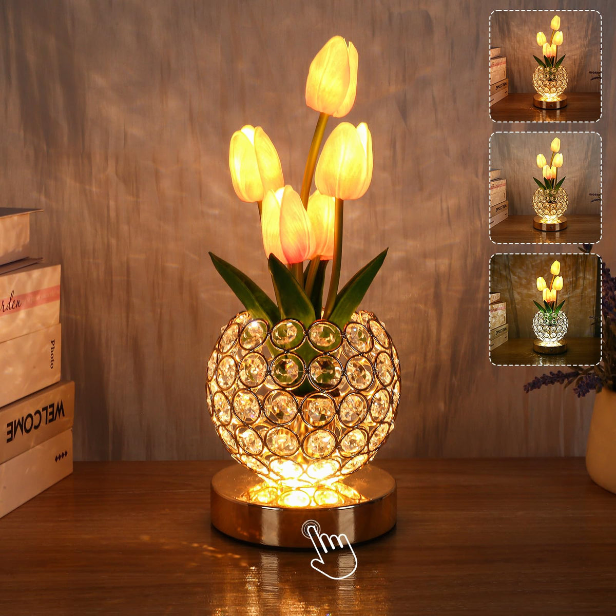 ZQPBLED pink tulip table lamp glowing softly on a nightstand for cozy ambiance