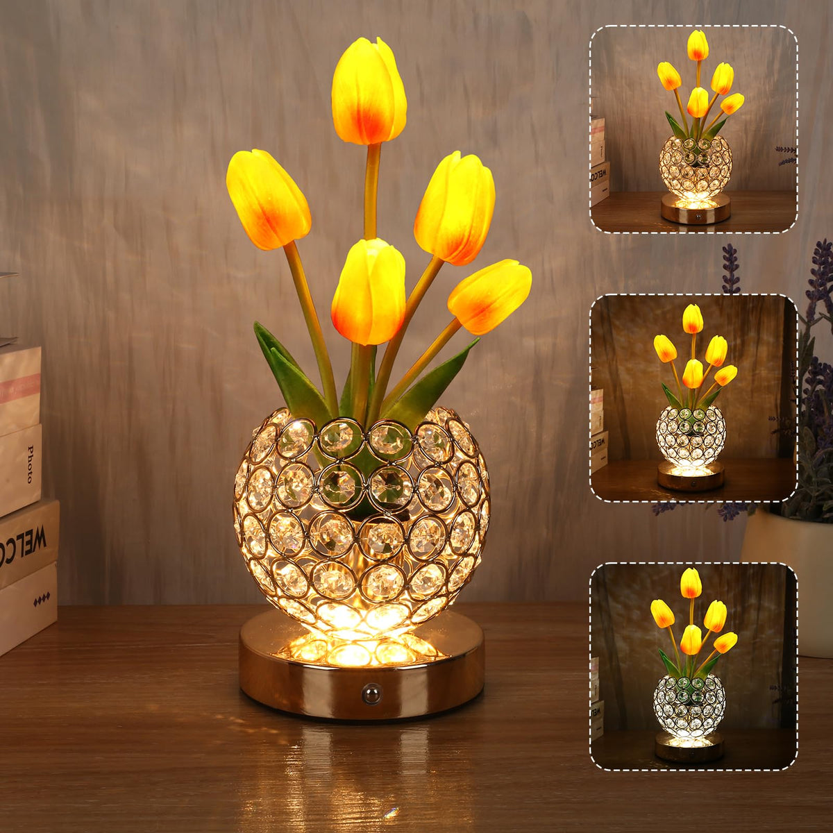 ZQPBLED Tulip crystal table lamp with pink glow for romantic ambiance