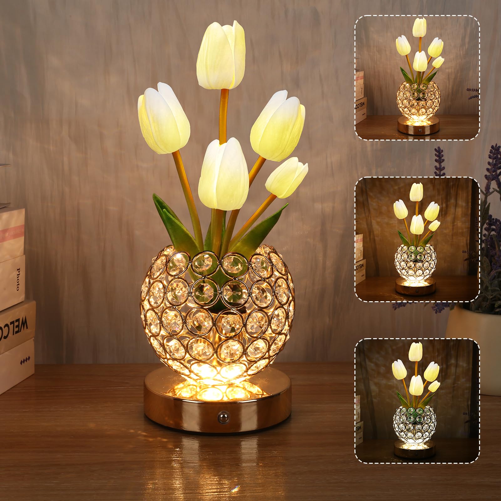 ZQPBLED Tulip table lamp with crystal petals provides chic ambient illumination.