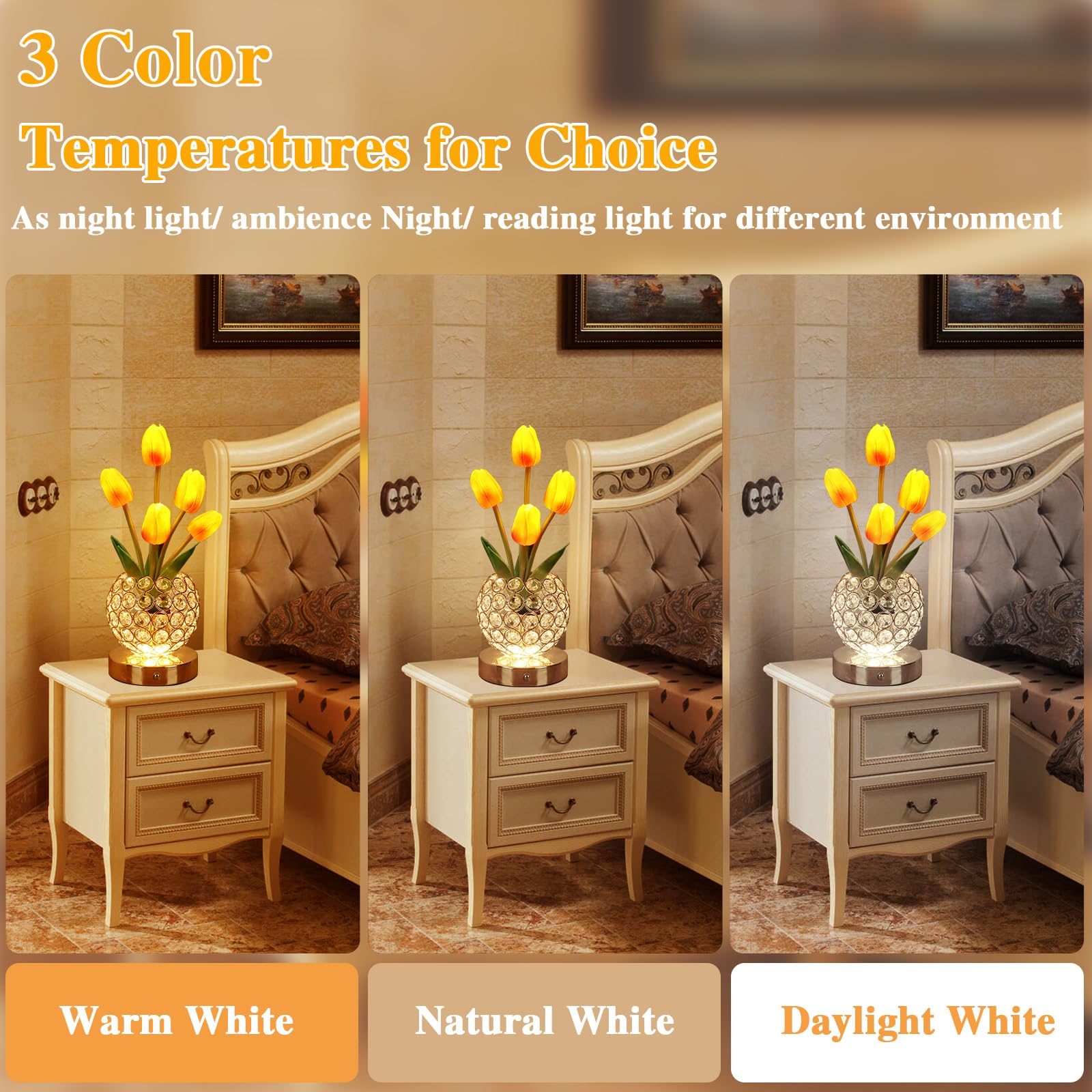 ZQPBLED Tulip lamp showing three color modes and memory function