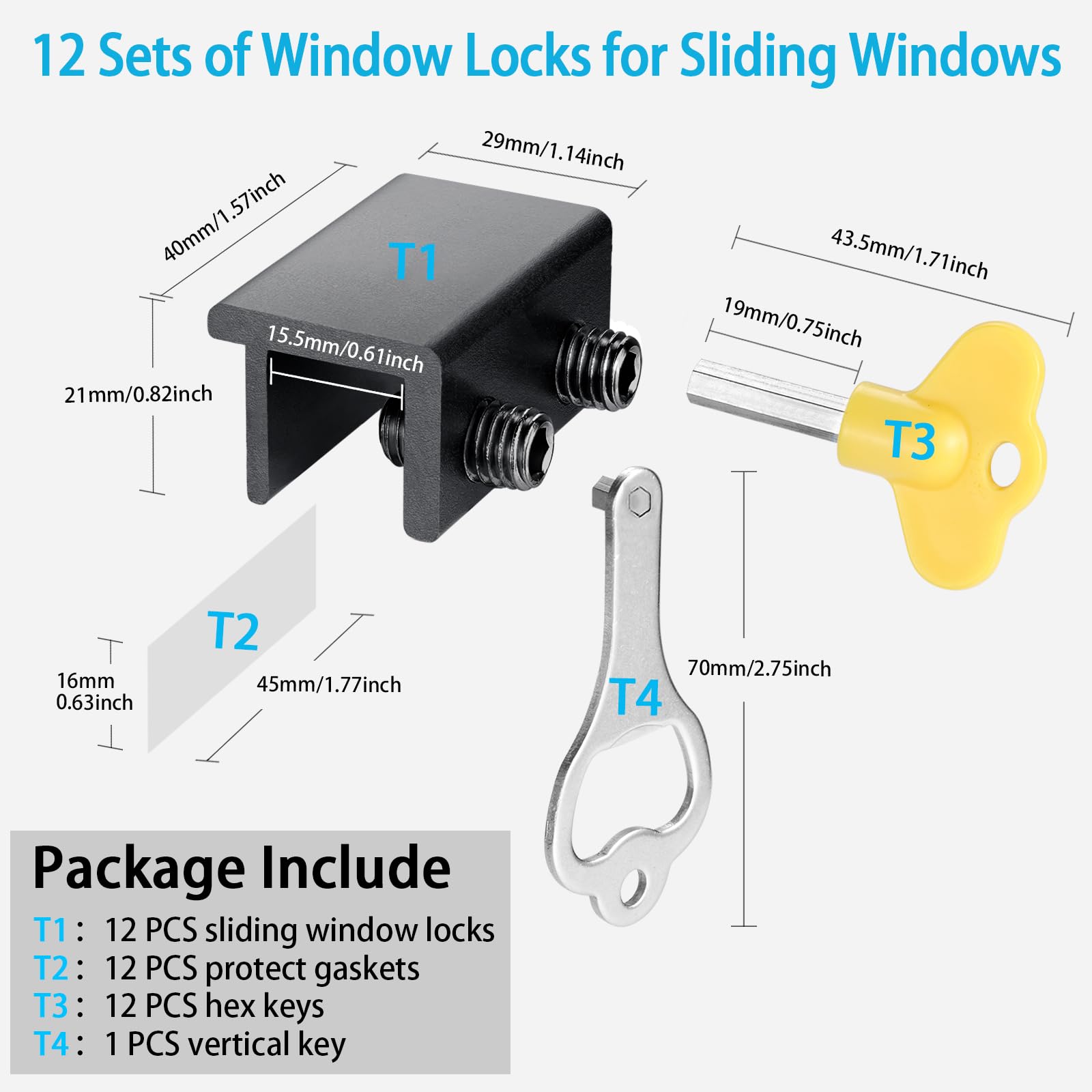 ZRFCXE Window Locks kit contents including keys and gaskets.
