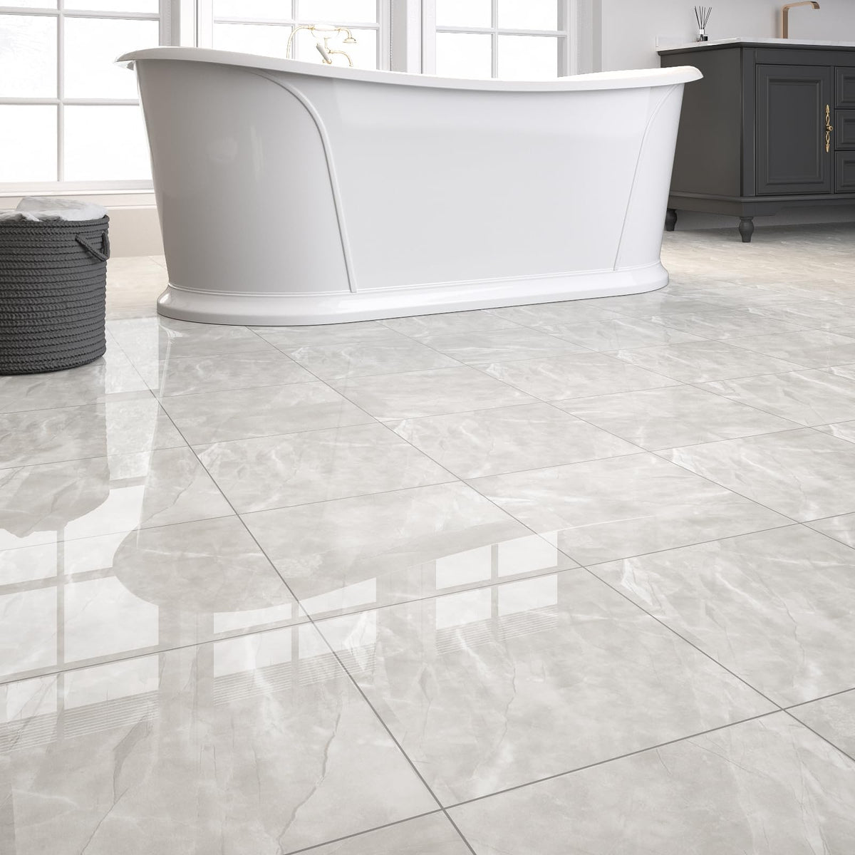 ZRJT marble-look floor tiles in glossy light grey for a stylish, easy-to-clean upgrade