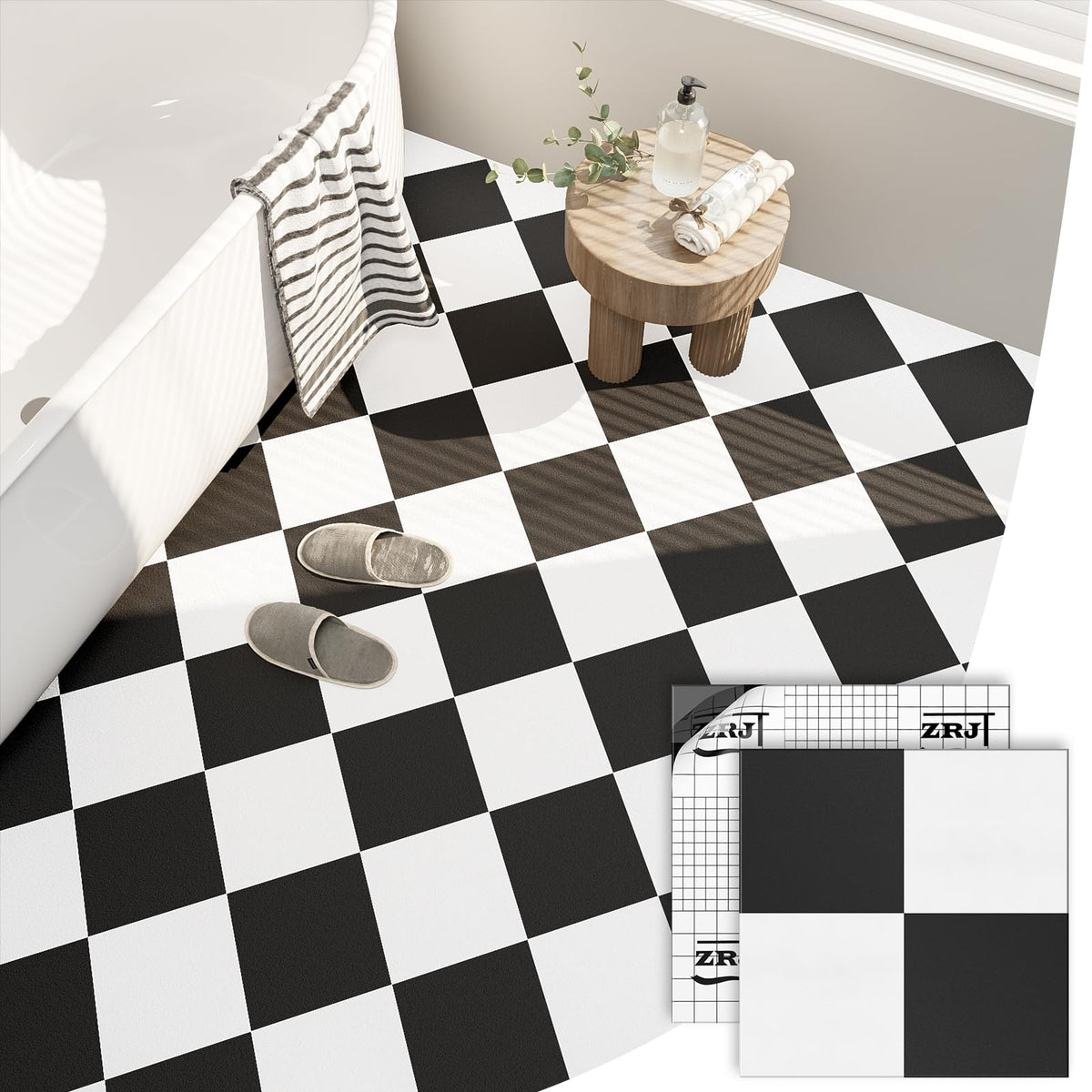 ZRJT peel and stick floor tile demonstrates 12x12 inch coverage for quick DIY upgrades.