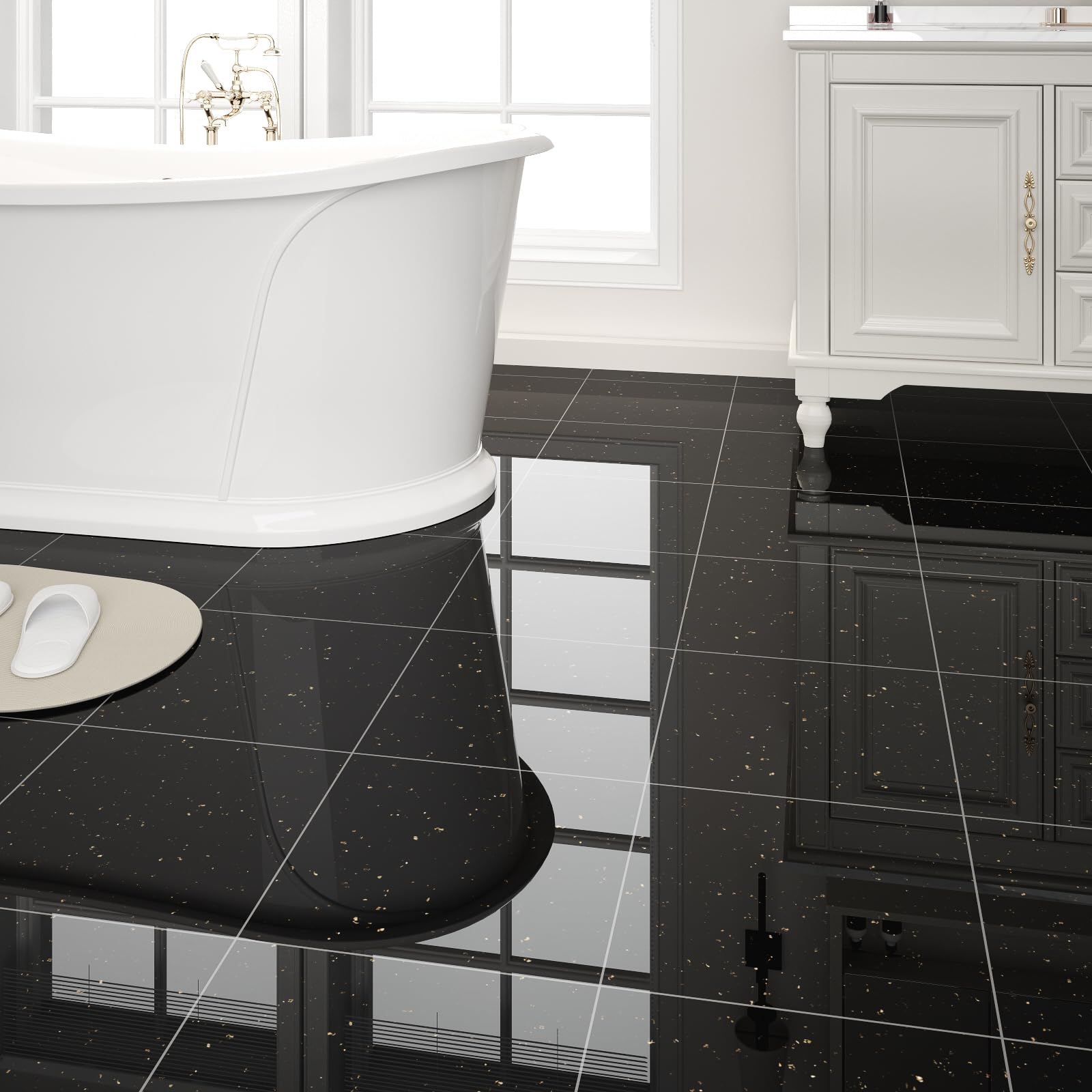 ZRJT Polish Black Galaxy marble tile peel-stick with glossy surface for bathroom refresh.