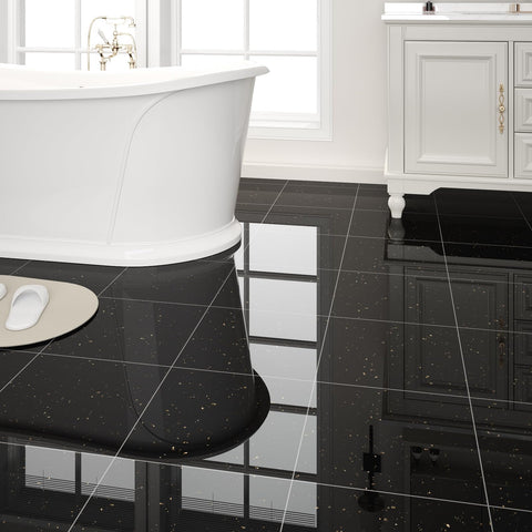 ZRJT Polish Black Galaxy marble tile peel-stick with glossy surface for bathroom refresh.