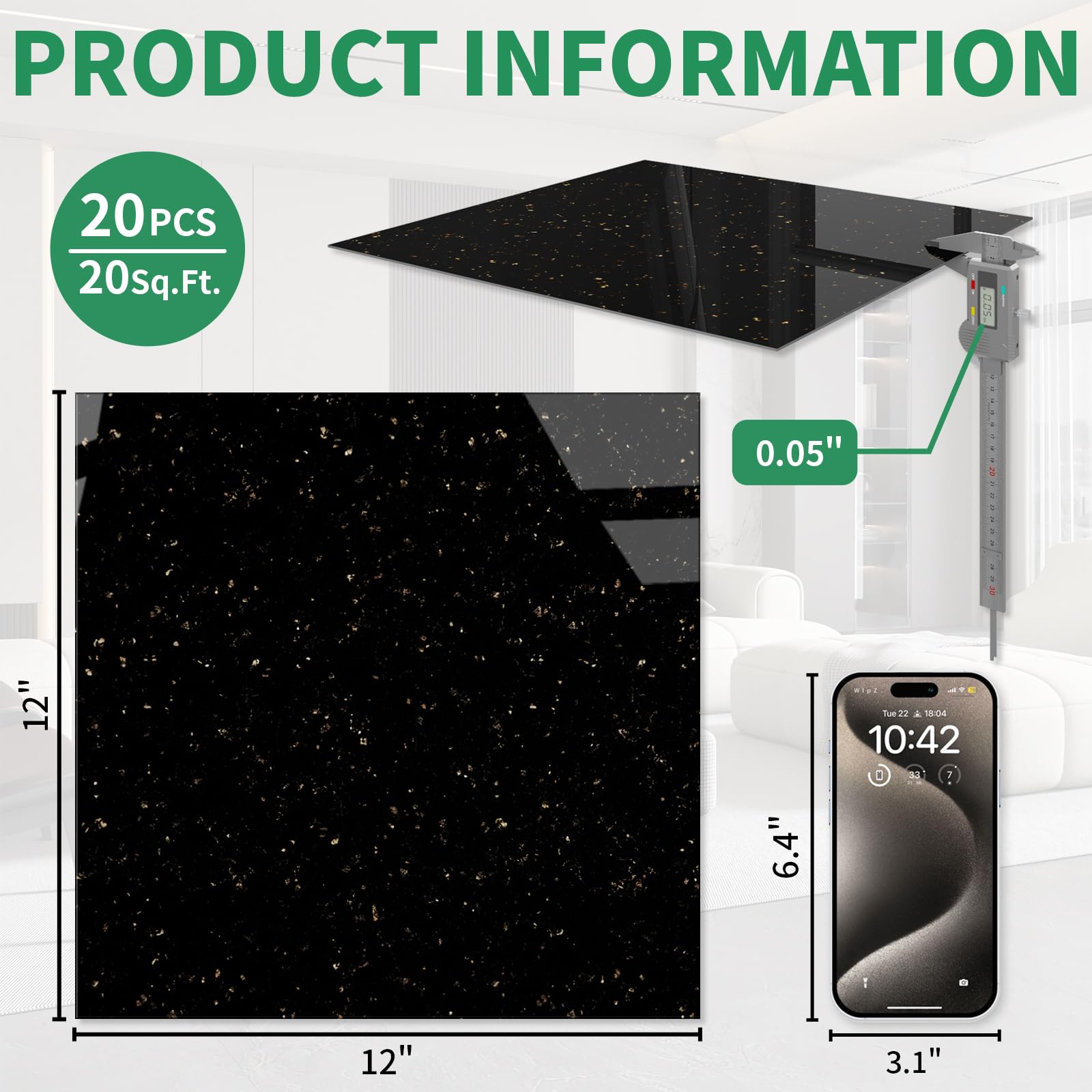 ZRJT Polish Black Galaxy marble tile peel-stick enhances living space aesthetics.