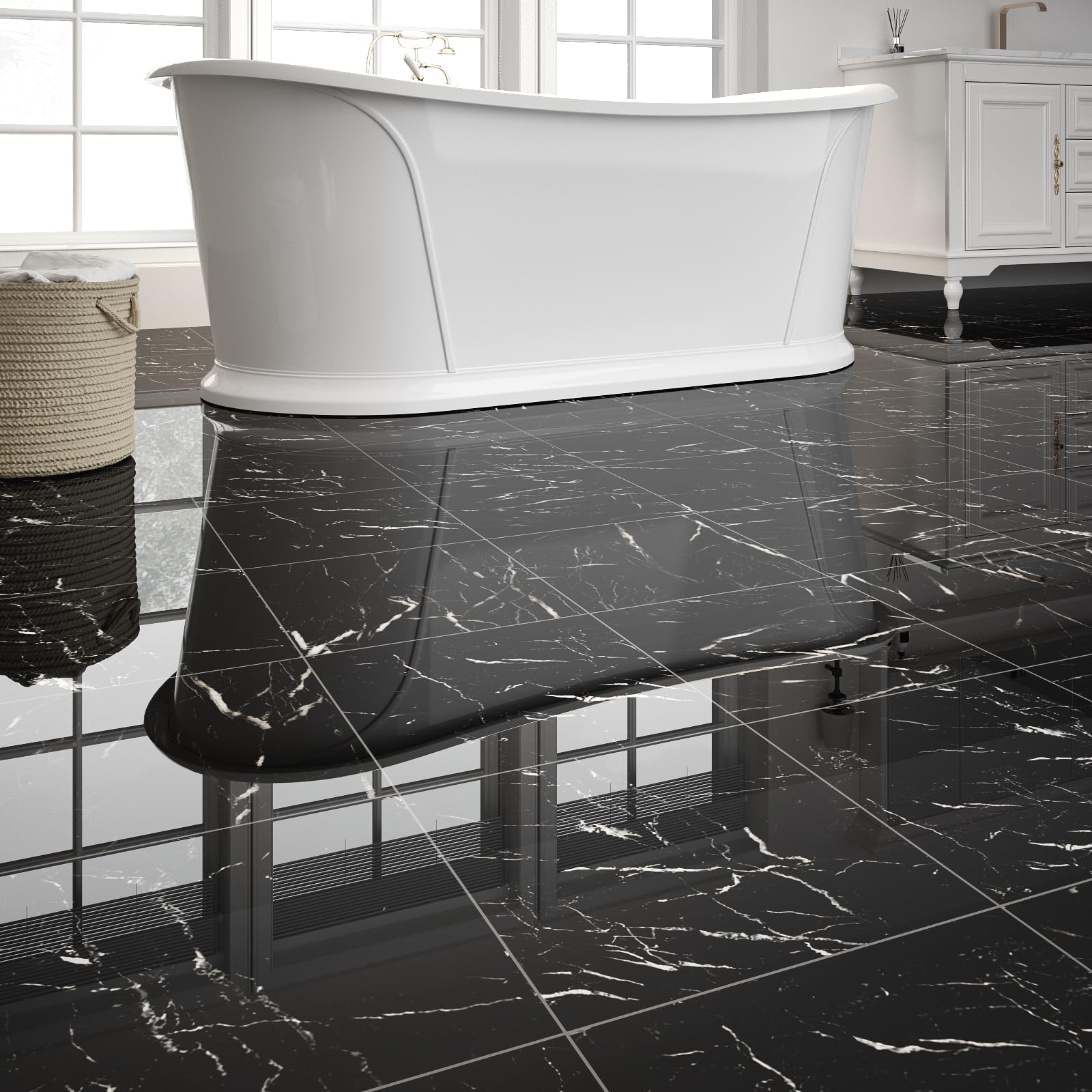 ZRJT Polish Black Marble tile close-up showing DIY-friendly peel-and-stick installation.