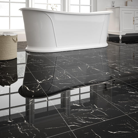 ZRJT Polish Black Marble tile close-up showing DIY-friendly peel-and-stick installation.
