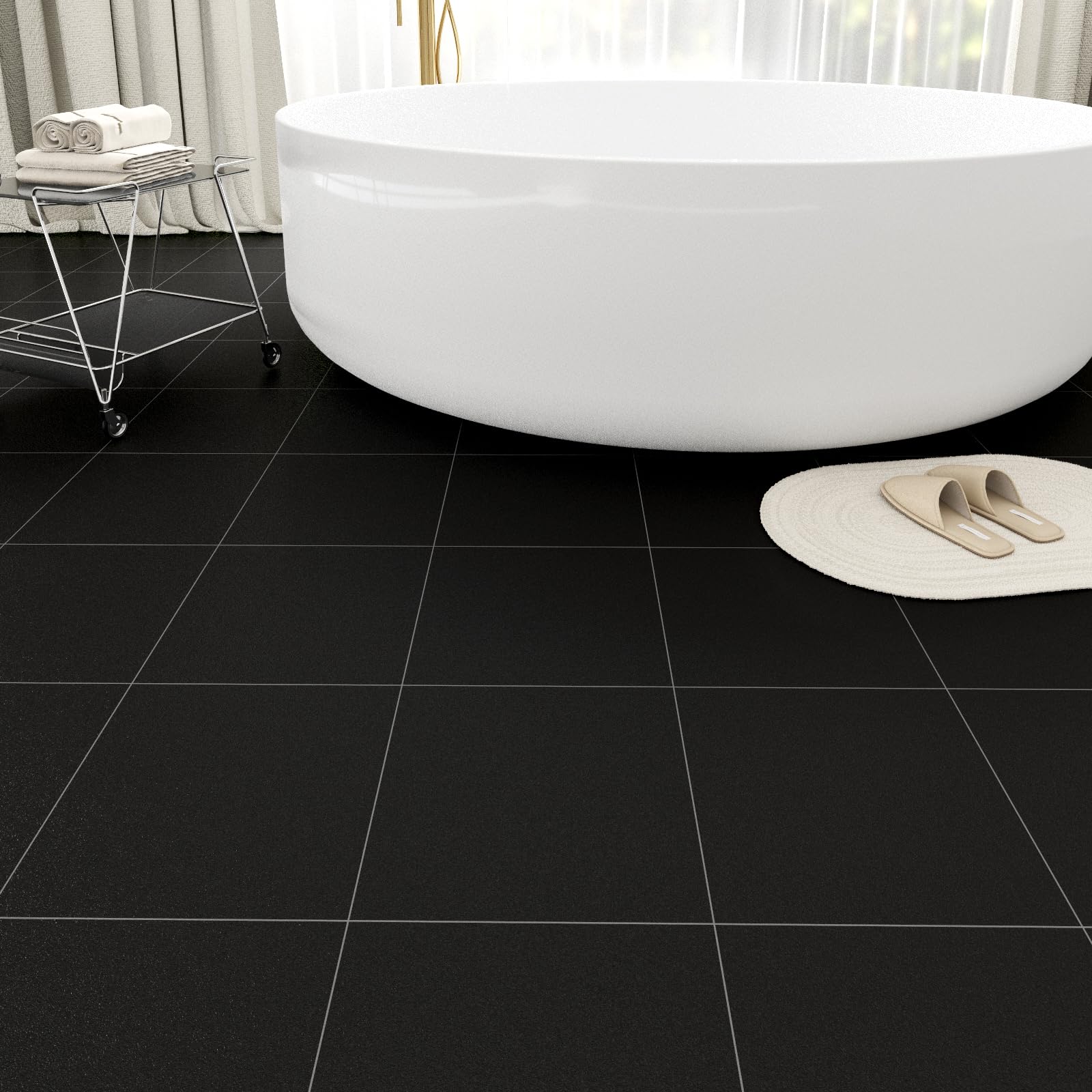 ZRJT self-adhesive black floor tile in 12x12 for kitchen use.