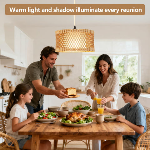 ZSLAIFU rattan weave shade creates soft wall textures and shadows.