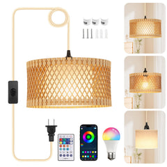 ZSLAIFU hanging lamp with wood shade casts warm, cozy light in living spaces.