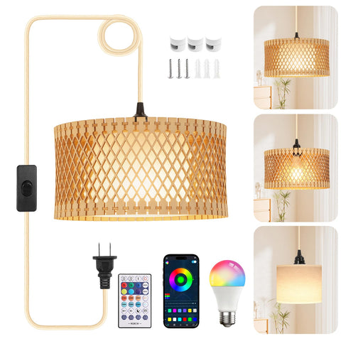 ZSLAIFU hanging lamp with wood shade casts warm, cozy light in living spaces.