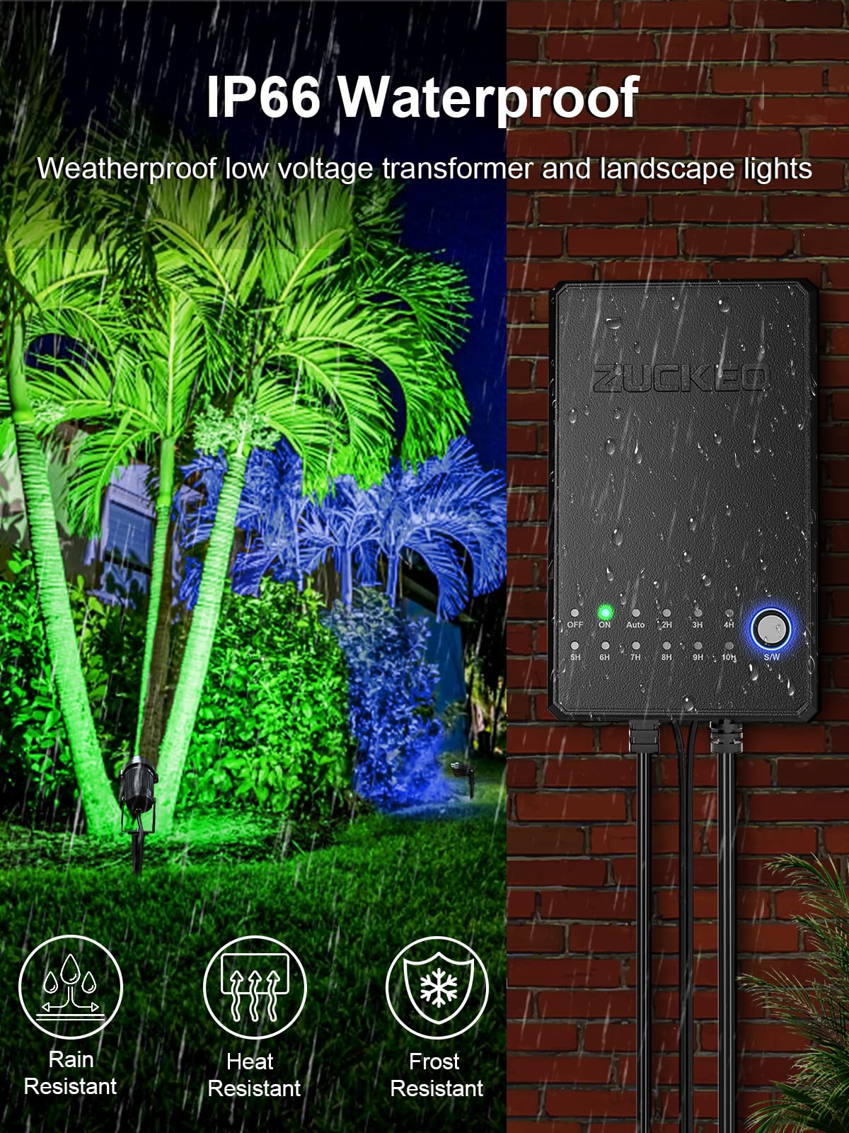 ZUCKEO 60W low voltage transformer powers dusk-to-dawn lighting automatically.