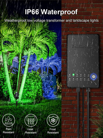 ZUCKEO 60W low voltage transformer powers dusk-to-dawn lighting automatically.