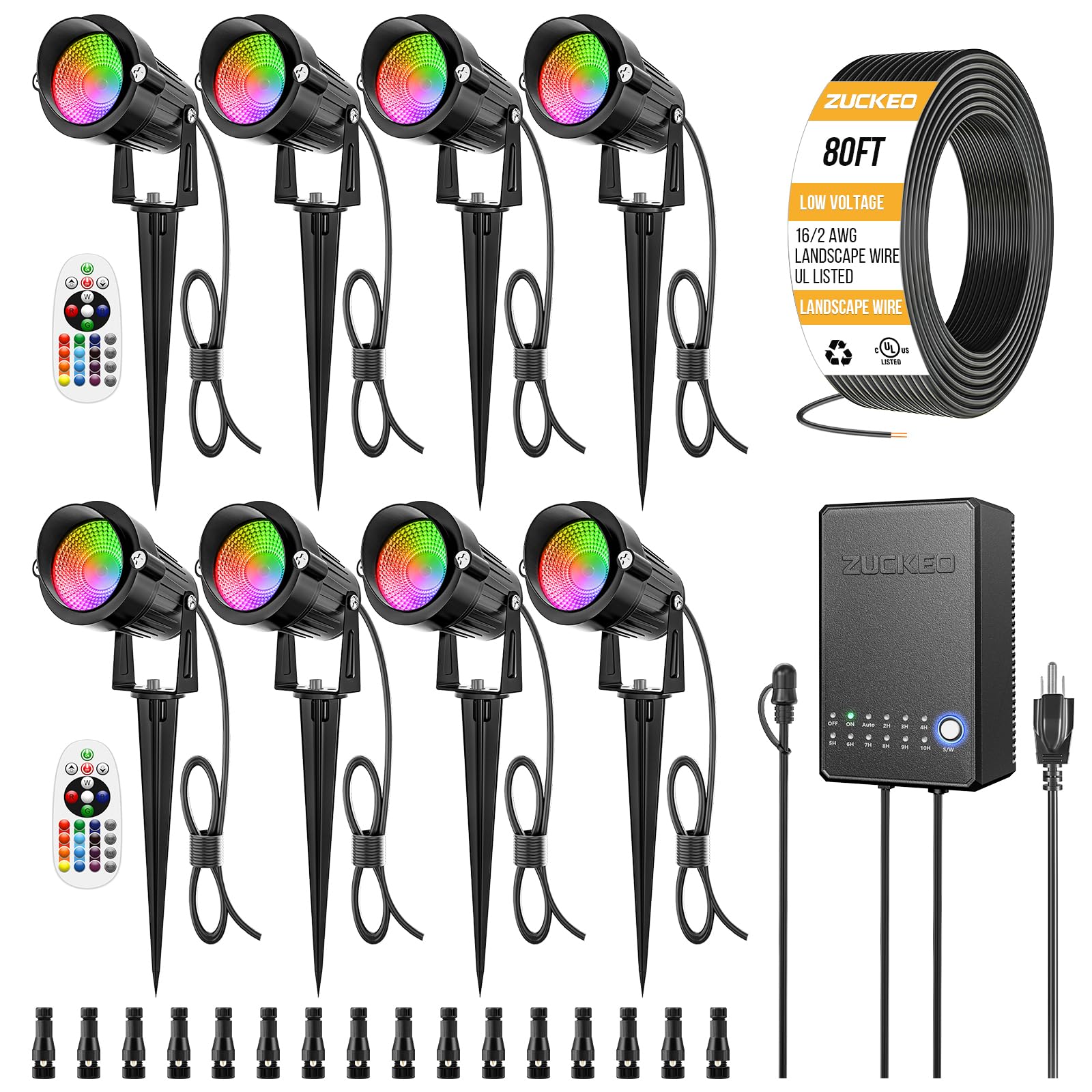 ZUCKEO all-in-one RGBW landscape kit lights brighten yards with vibrant color options.