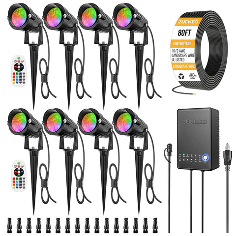 ZUCKEO all-in-one RGBW landscape kit lights brighten yards with vibrant color options.